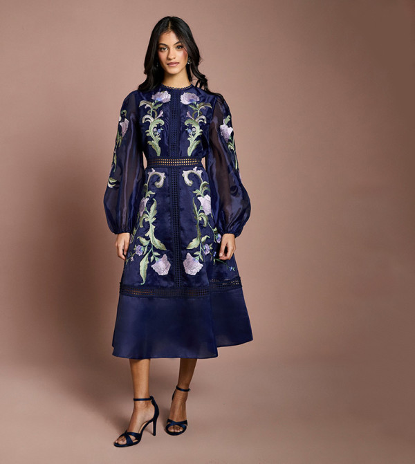 Petite Embroidered Blouson Sleeves Midi Dress