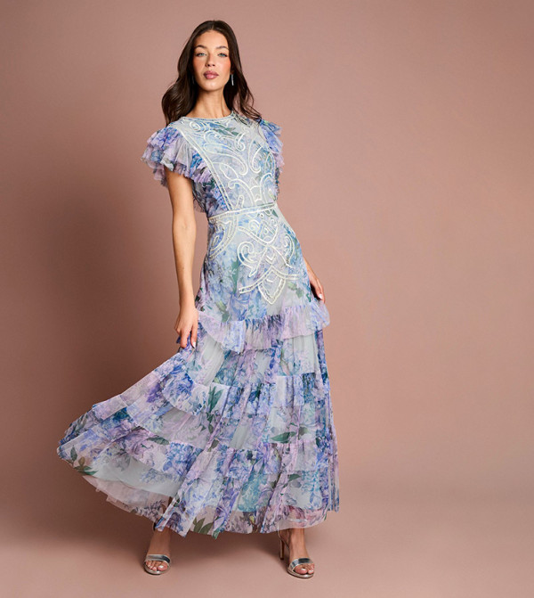 Sequined Crew Neck Mesh Maxi Dress