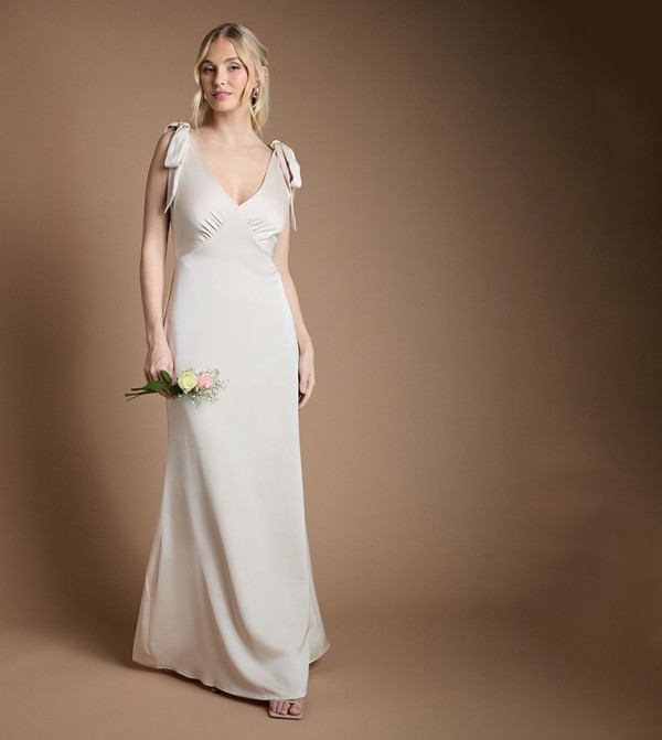 Satin Back Crepe V-Neck Tie Shoulder Maxi Bridesmaid Dress
