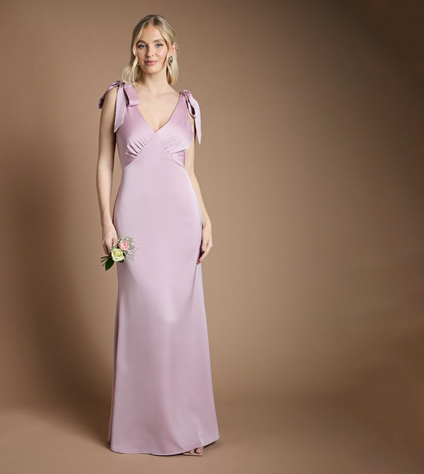 Satin Back Crepe V-Neck Tie Shoulder Maxi Bridesmaid Dress