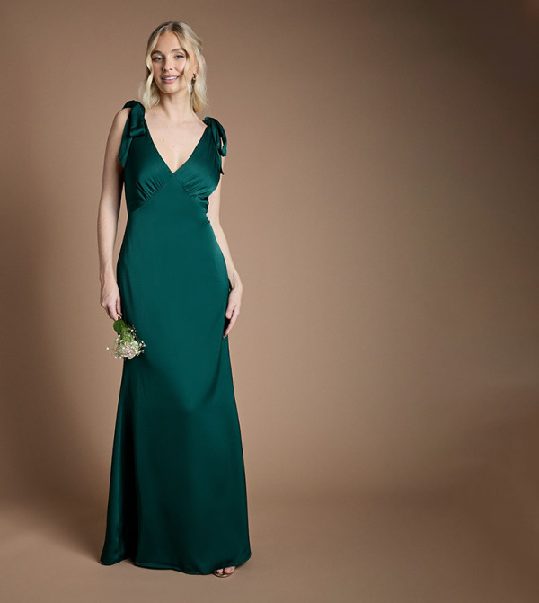 Satin Back Crepe V-Neck Tie Shoulder Maxi Bridesmaid Dress