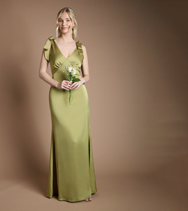 Satin Back Crepe V-Neck Tie Shoulder Maxi Bridesmaid Dress