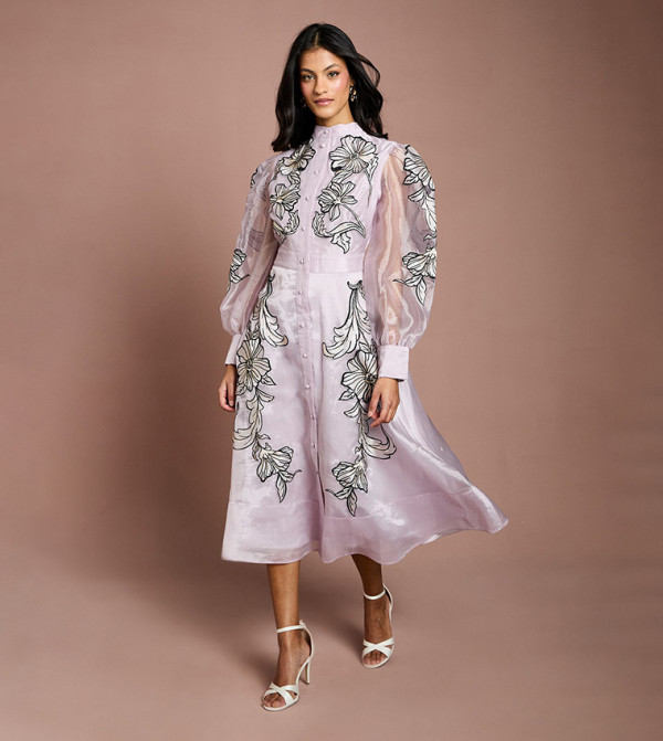 Petite Placement Embroidered Long Sleeves Midi Dress