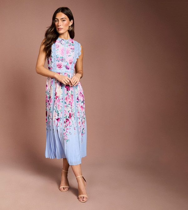 Printed Lace Trim Pleated Skirt Midi Dress