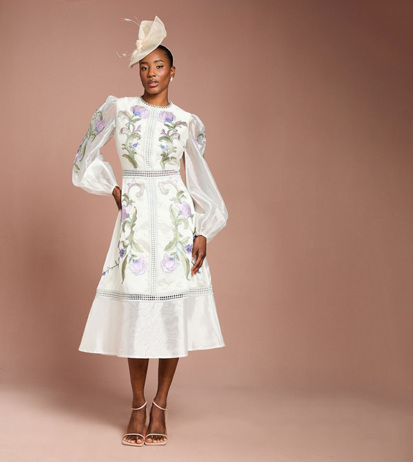 Embroidered Blouson Sleeves Midi Party Dress