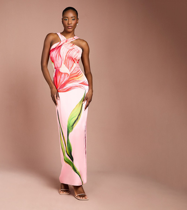 Floral Placement Print Halterneck Pencil Maxi Dress