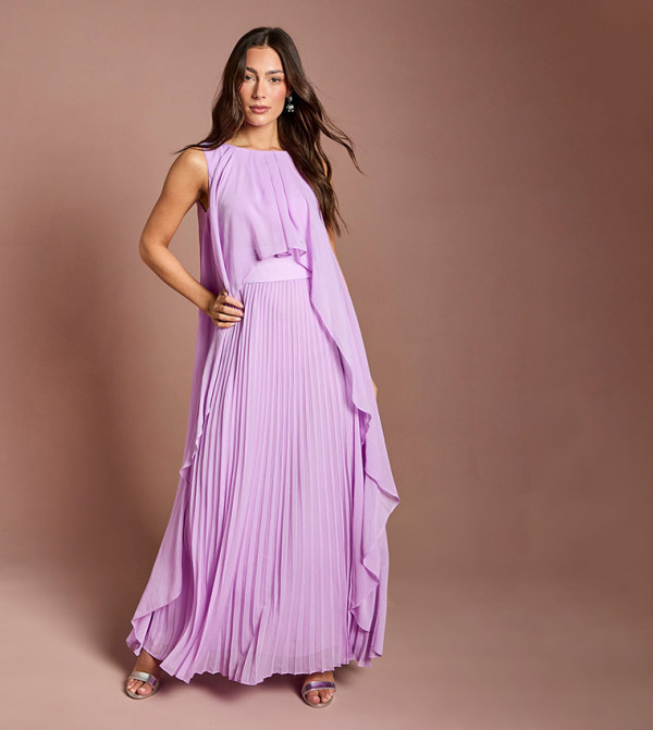 Cape Sleeves Pleated Maxi Dress