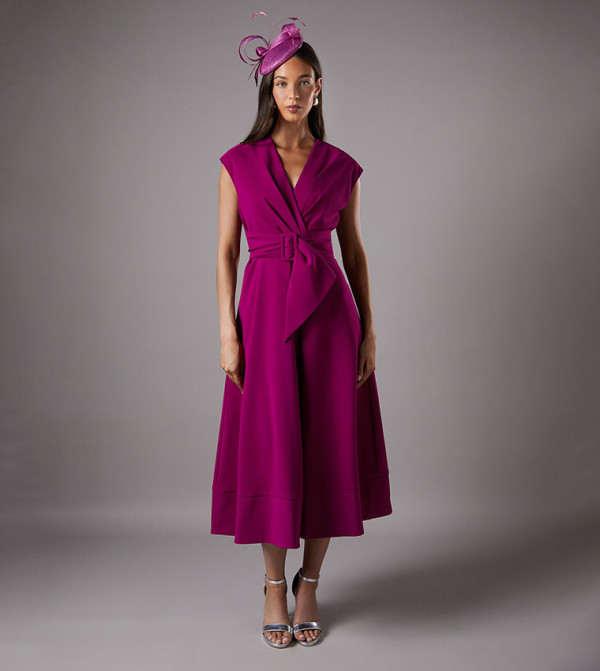 Solid Belted Crepe Midi Party Dress