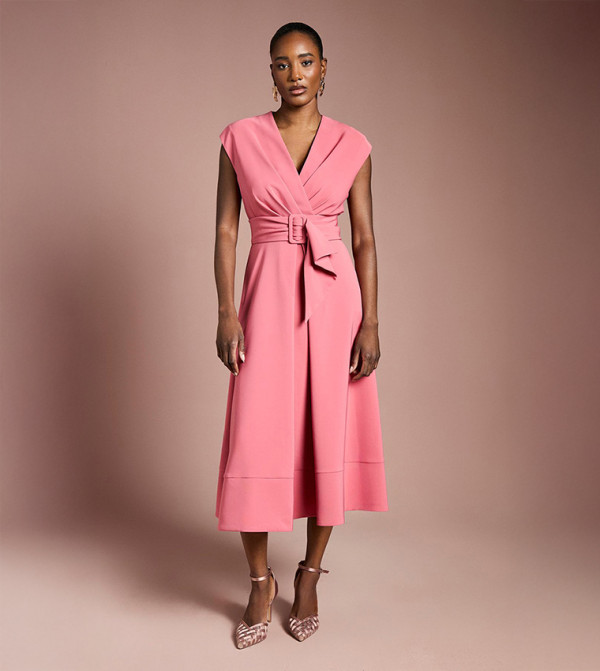 Solid Belted Crepe Dress
