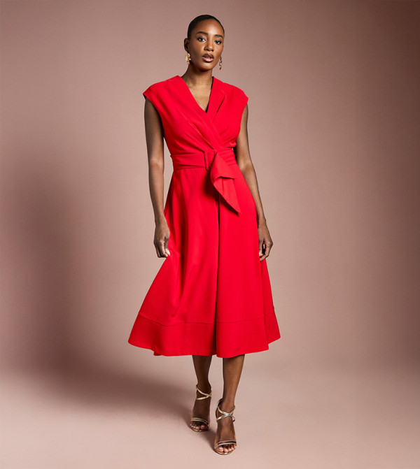 Solid Belted Crepe Dress