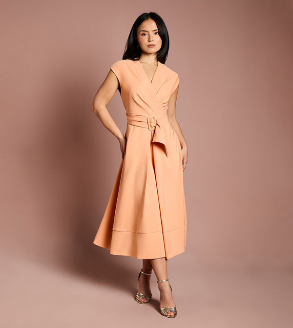 Petite Solid Belted Crepe Dress