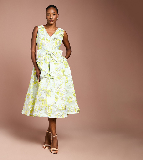 Bow Front Jacquard Midi Dress