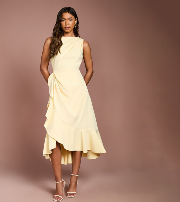 Low Back Crepe Ruffle Midi Dress