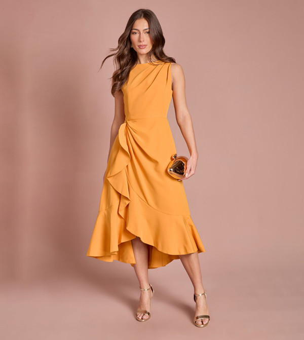 Low Back Crepe Ruffle Midi Dress