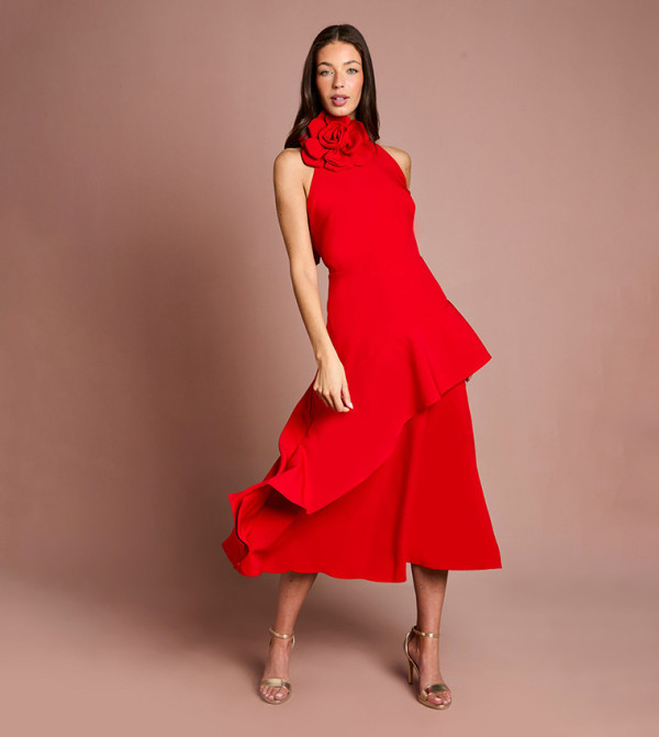 High Neck Corsage Detail Midi Dress