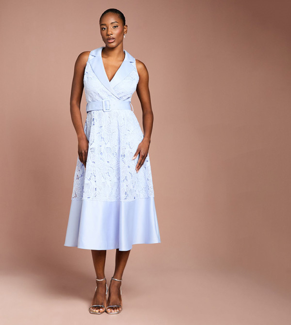 Lace Sleeveless Satin Contrast Midi Shirt Dress