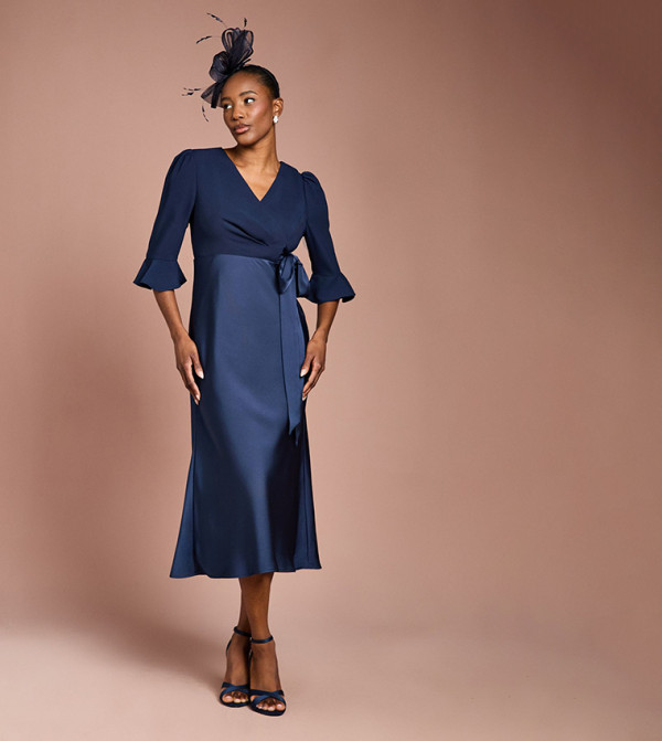 Ruffle Sleeves Satin Back Crepe Wrap Midi Dress