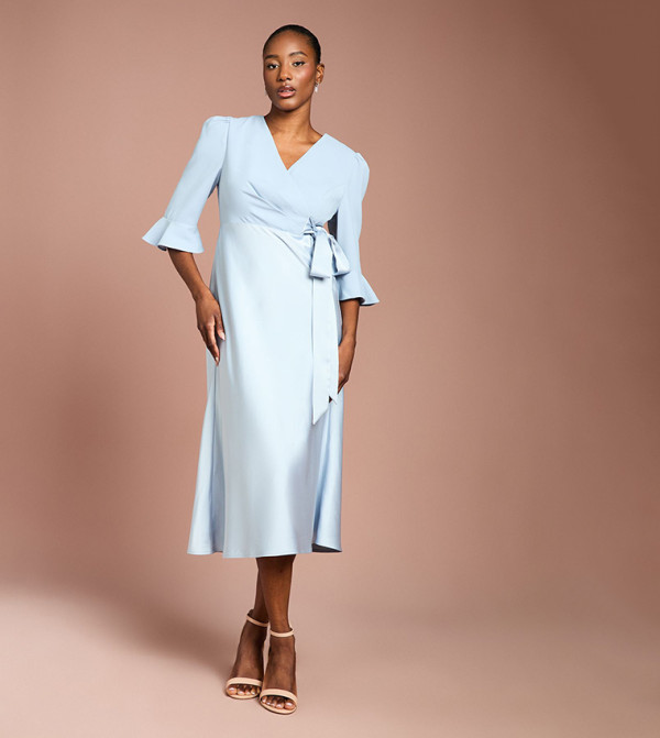 Ruffle Sleeves Satin Back Crepe Wrap Midi Dress