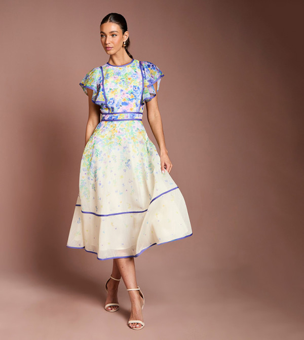 Placement Print Frill Sleeves Midi Dress