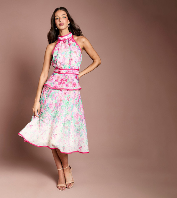 Placement Print Organza Halter Neck Midi Dress