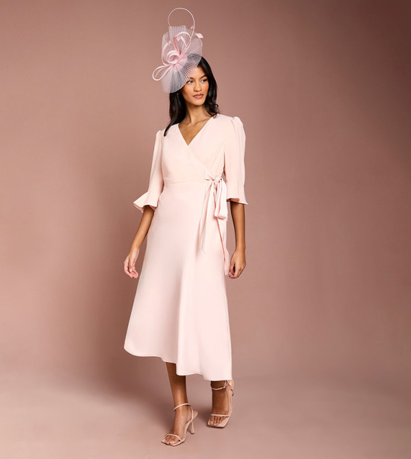 Petite Ruffle Sleeves Satin Back Crepe Wrap Dress