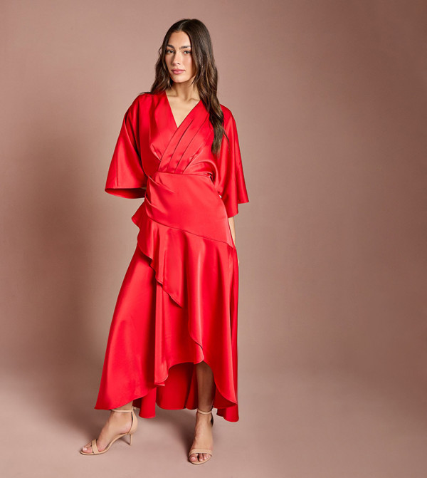 Satin Back Crepe Ruffle Wrap Midi Dress
