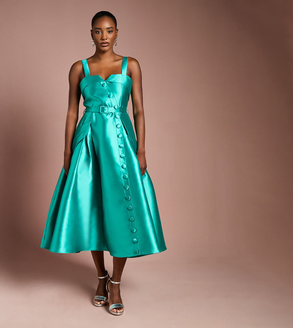 Twill Volume Belted Midi Dress