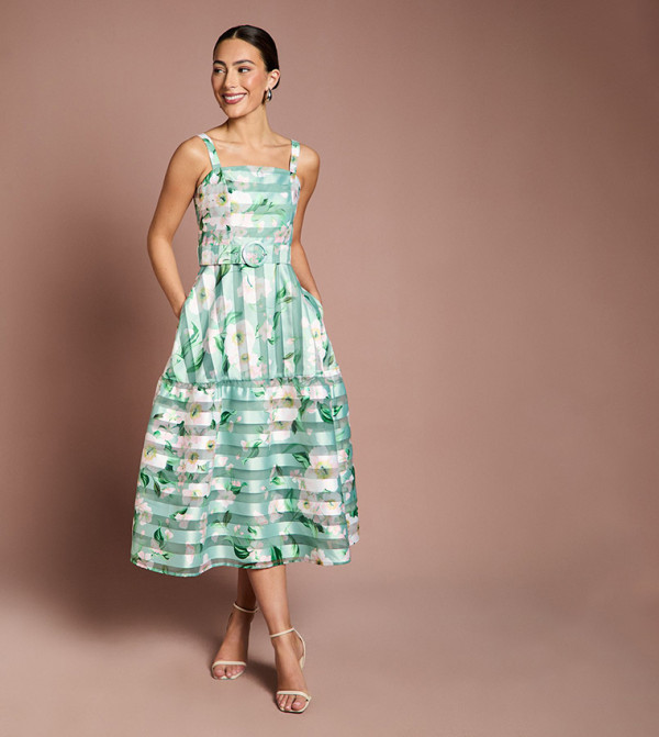 Printed Floral Burnout Organza Midi Dress