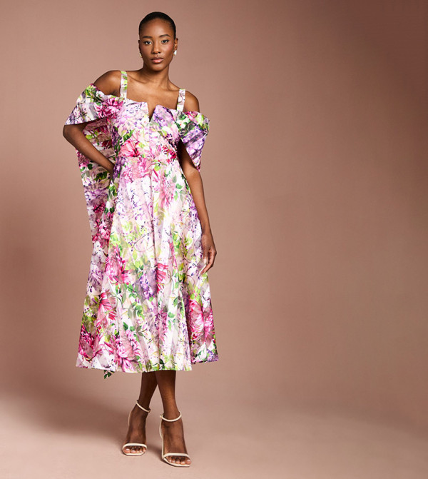 Lisa Tan Printed Organza Bardot Midi Dress