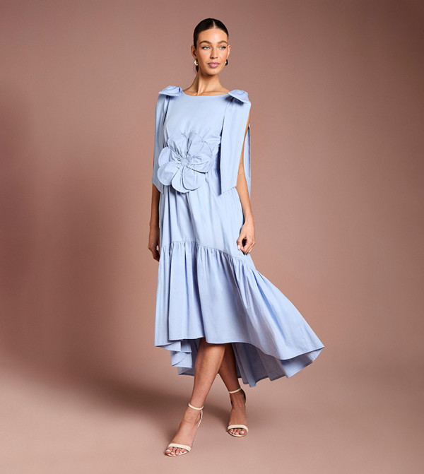 Bow Shoulder Floral Corsage Detail Dress