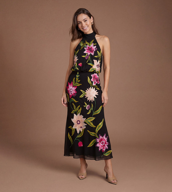 Floral Embroidered High Neck Midi Dress