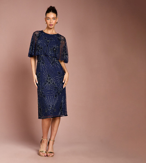 Floral Embellished Cape Midi Dress