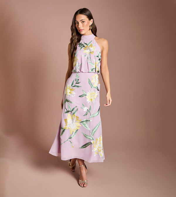 High Neck Midi Dress with Floral Embroidery
