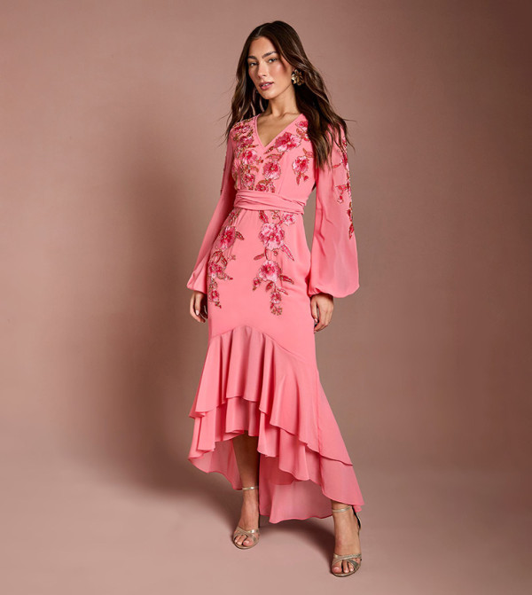 Sequin Embellished and Embroidered High Low Dress