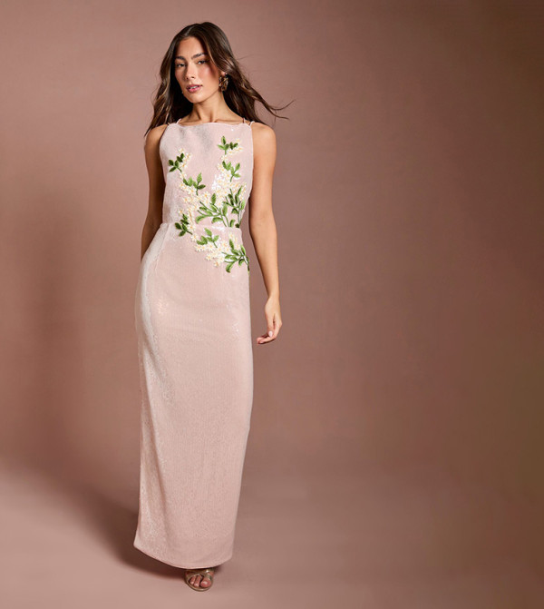 Floral Applique Sequin Maxi Dress