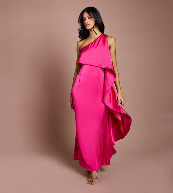 Petite Waterfall One Shoulder Satin Maxi Dress
