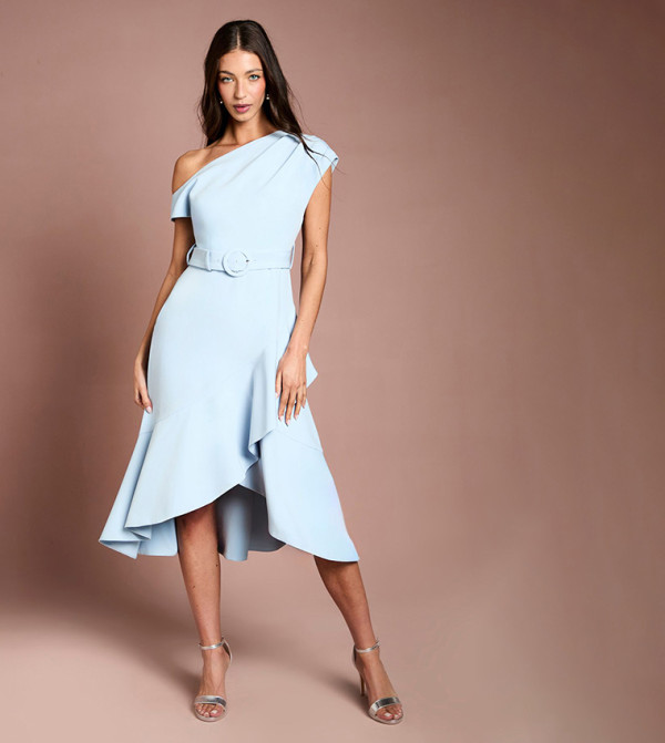 Petite Drape Shoulder Frill Detail Crepe Midi Dress