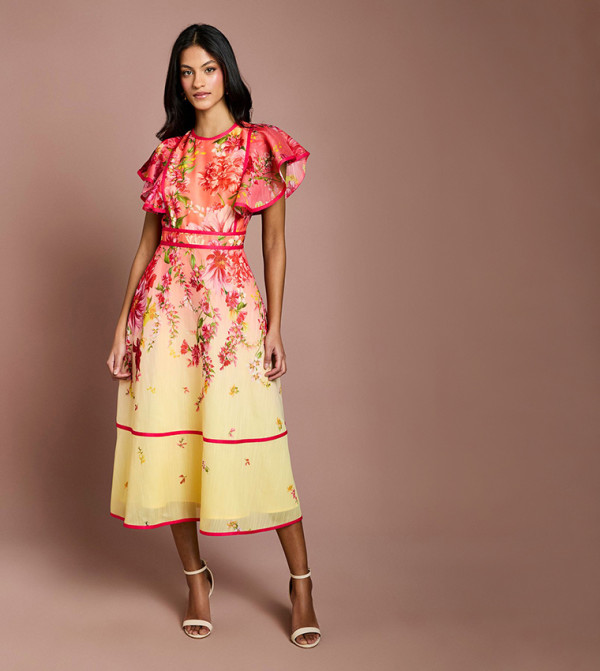 Petite Placement Print Frill Sleeves Midi Dress