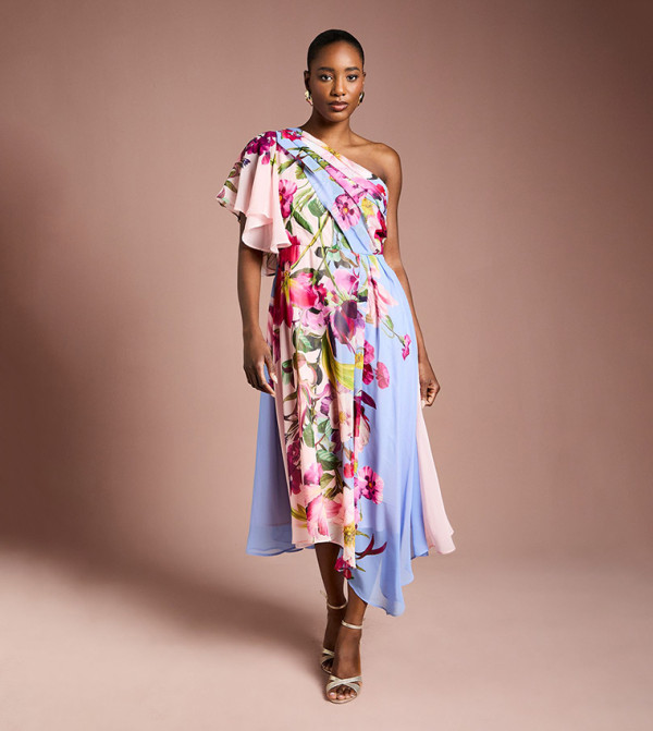 One Shoulder Floral Printed Chiffon Dress