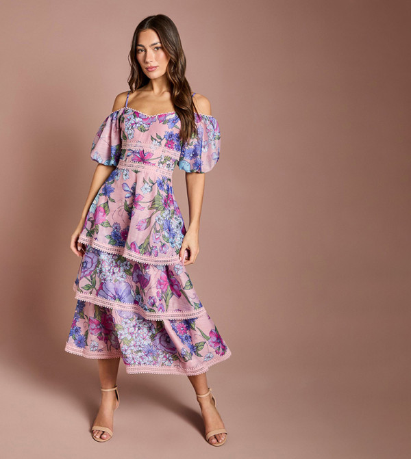 Cold Shoulder Printed Organza Lace Midi Dress