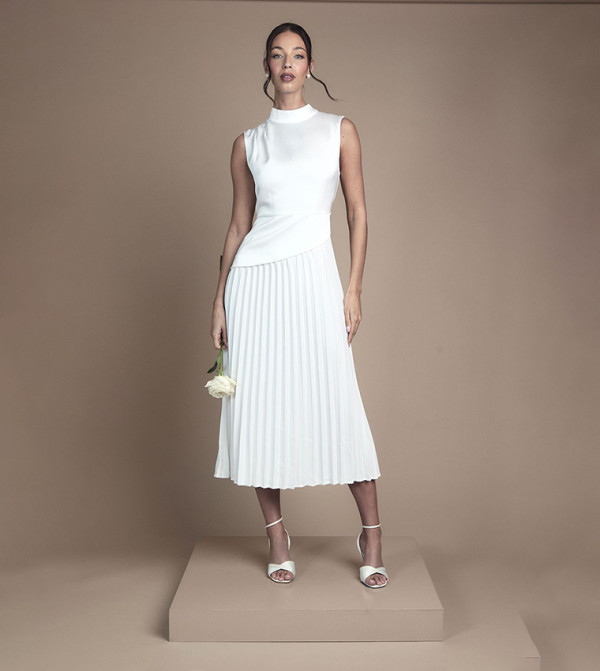 Drape High Neck Pleated Skirt Midi Wedding Dress