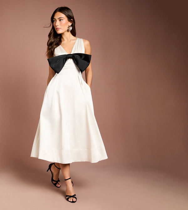Lisa Tan Bow Detail Satin Midi Dress
