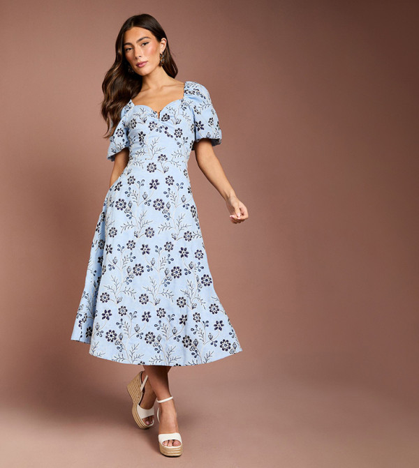 Embroidered Cotton Puff Sleeves Midi Dress