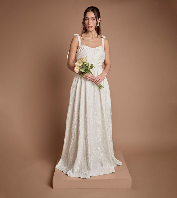 Sleeveless Tie Shoulder Jacquard Maxi Wedding Dress
