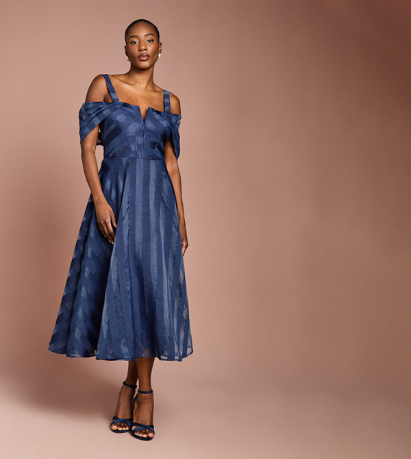 Printed Organza Bardot Midi Dress