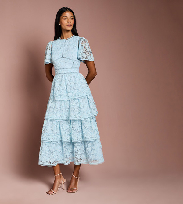 Petite Tiered Lace Dress with Flutter Sleeves & Trims