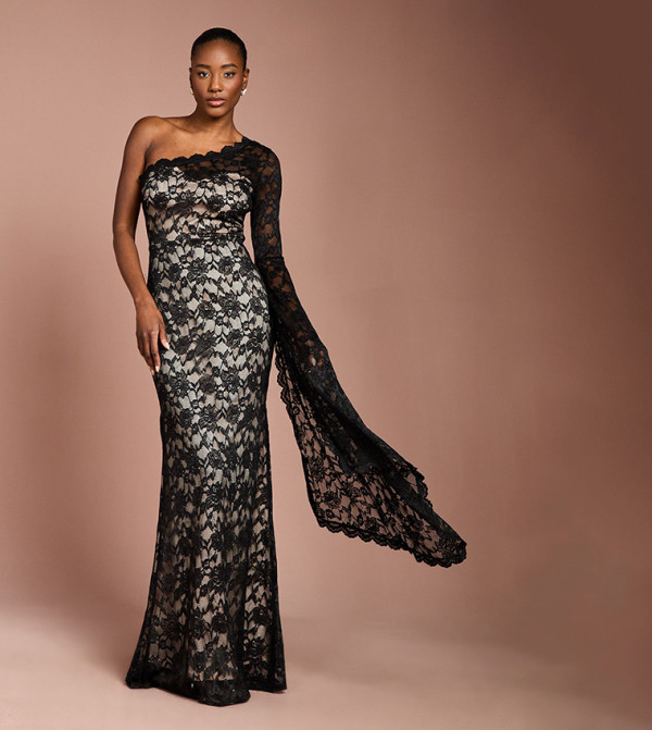 One Shoulder Cap Detail Lace Maxi Party Dress