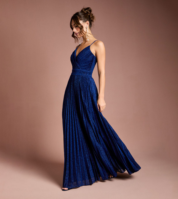 V-Neck Cami Shimmer Pleated Maxi Dress