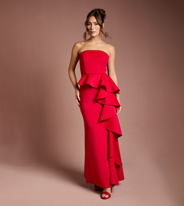 Bandeau Ruffle Stretch Crepe Maxi Dress