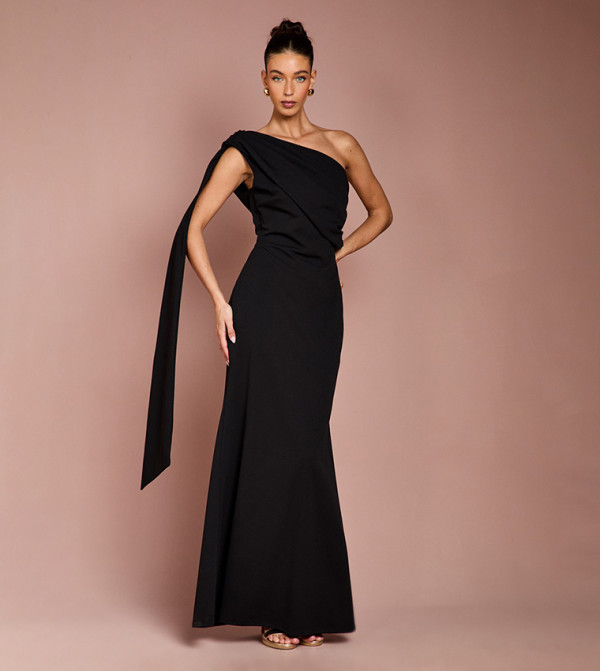 One Shoulder Stretch Crepe Maxi Dress